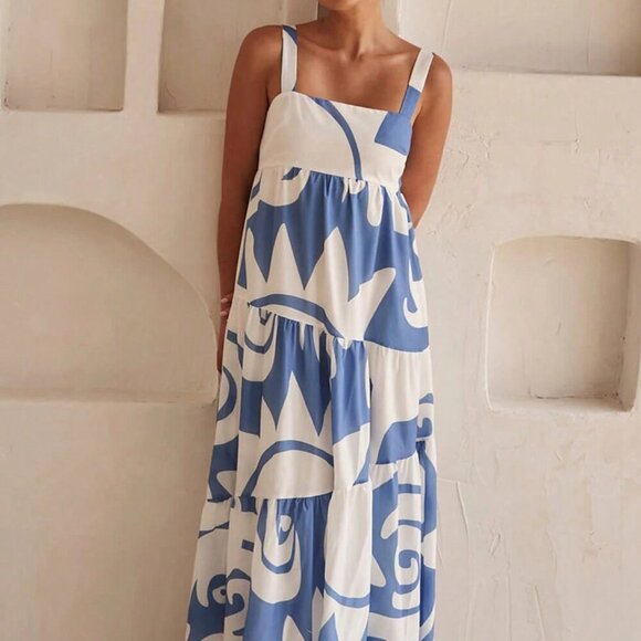 Blue Casual Women's Vacation Random Printed Long Swing Tank Dress - Picture 1 of 6